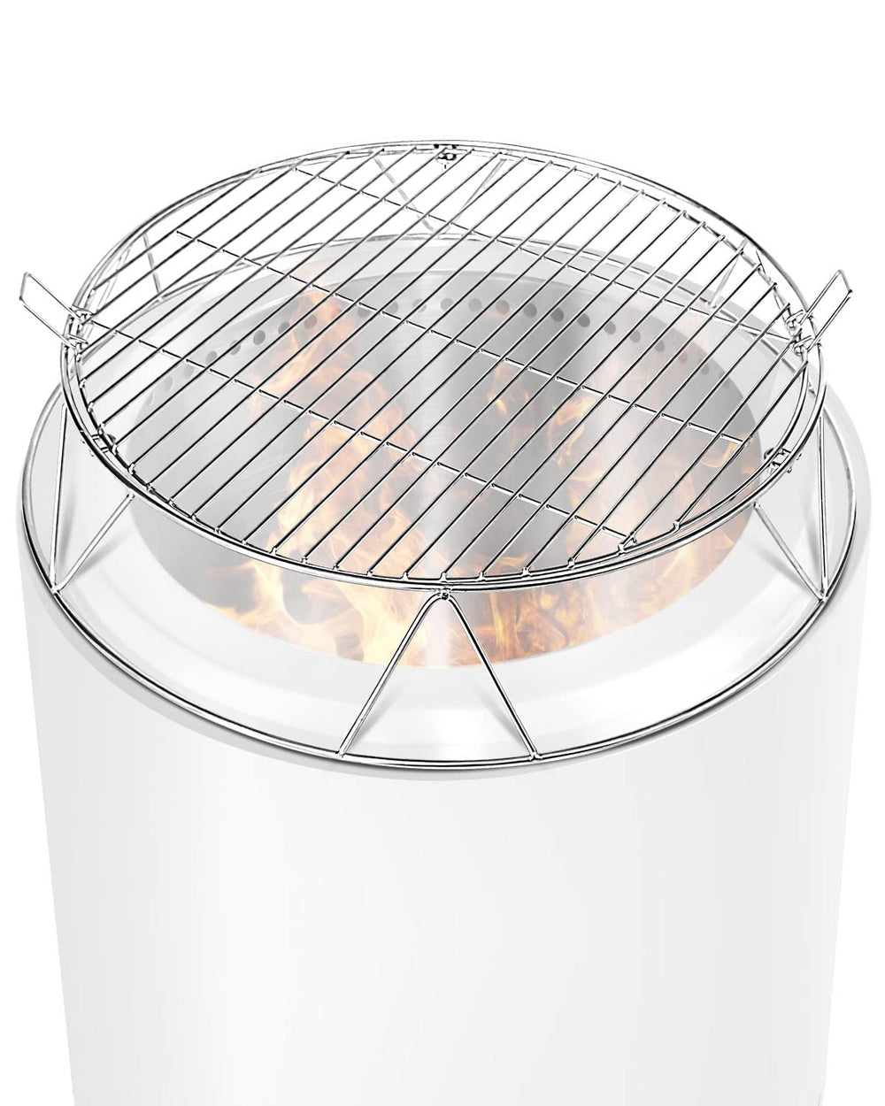 Vaticas front view showing assembled grate and stand, clear grilling benefit