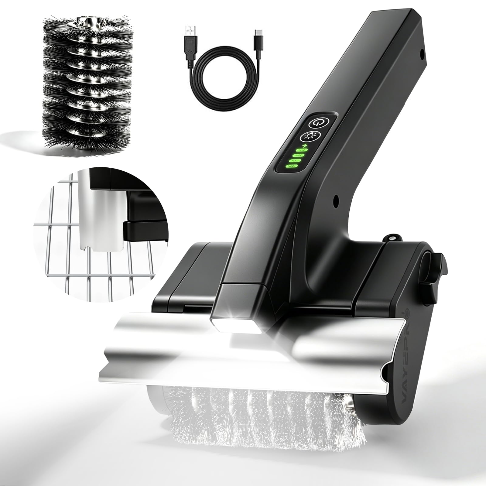 Vayepro front view showing cordless grill cleaner and ergonomic handle benefit fast cleanup