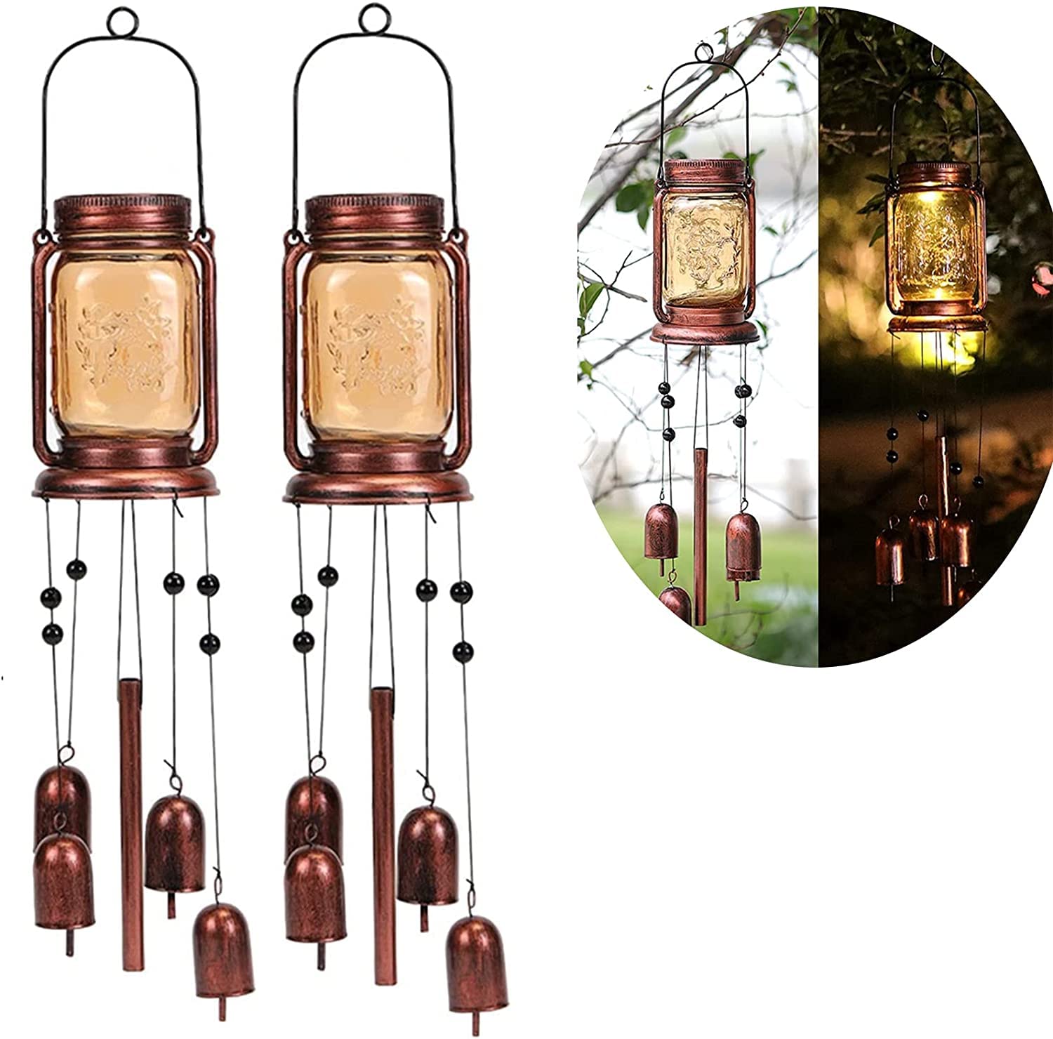 Vcdsoy front view of two mason jar wind chimes showing design and hanging hardware