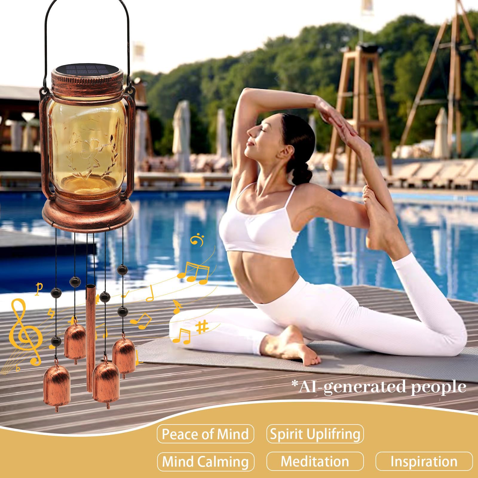 Vcdsoy wind chime hanging from tree branch adding ambient garden charm