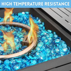 vchin fire pit with flames over glass showing improved flame aesthetics