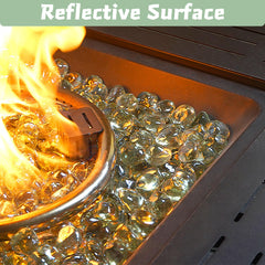 vchin fire glass in fire table with flame enhancing visual warmth
