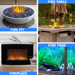 vchin fire glass used as garden decoration around planter, adding durable color accents