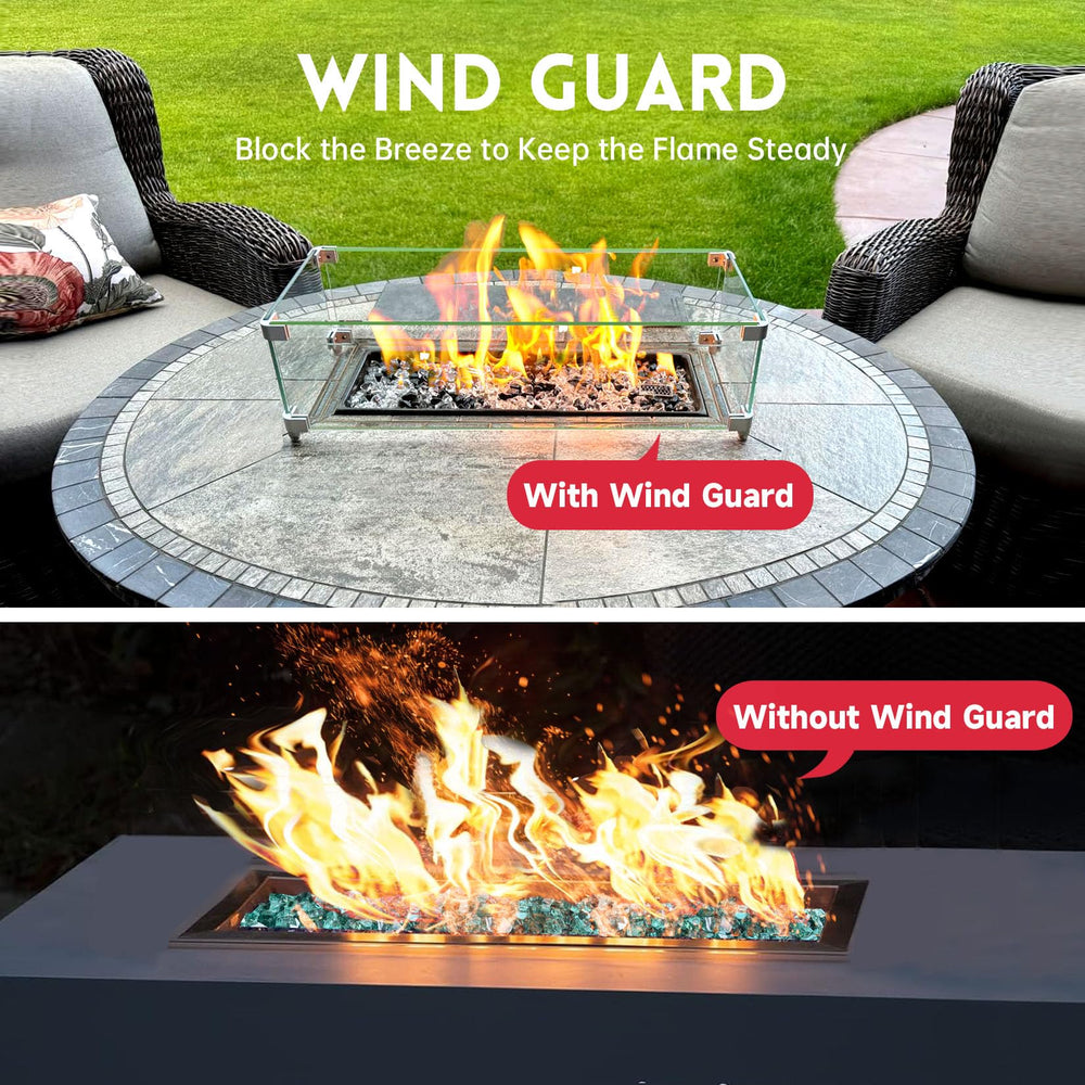 vchin installed wind guard on fire table reducing wind flare and improving flame control
