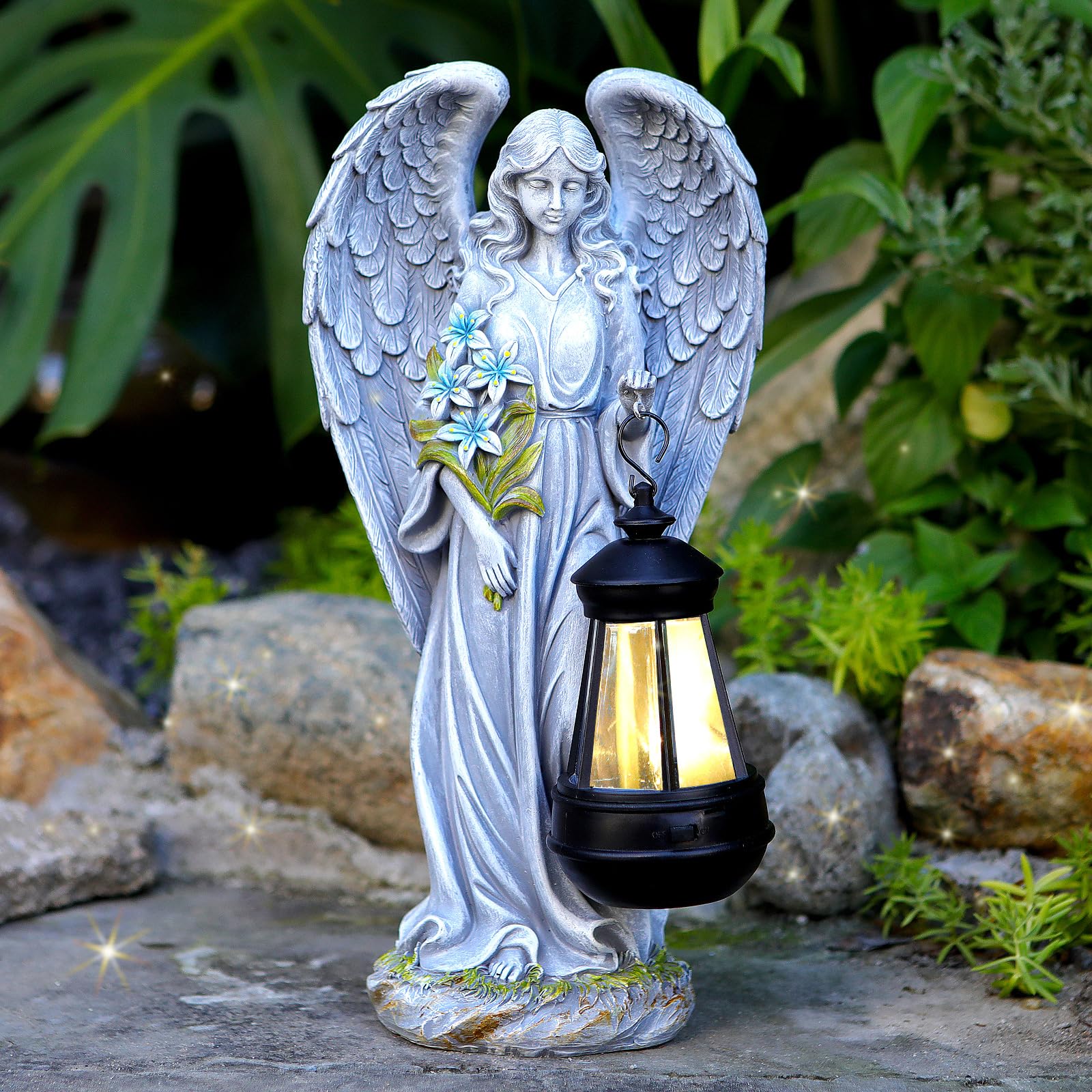 VChymm front view of solar angel statue showing decorative finish and presence