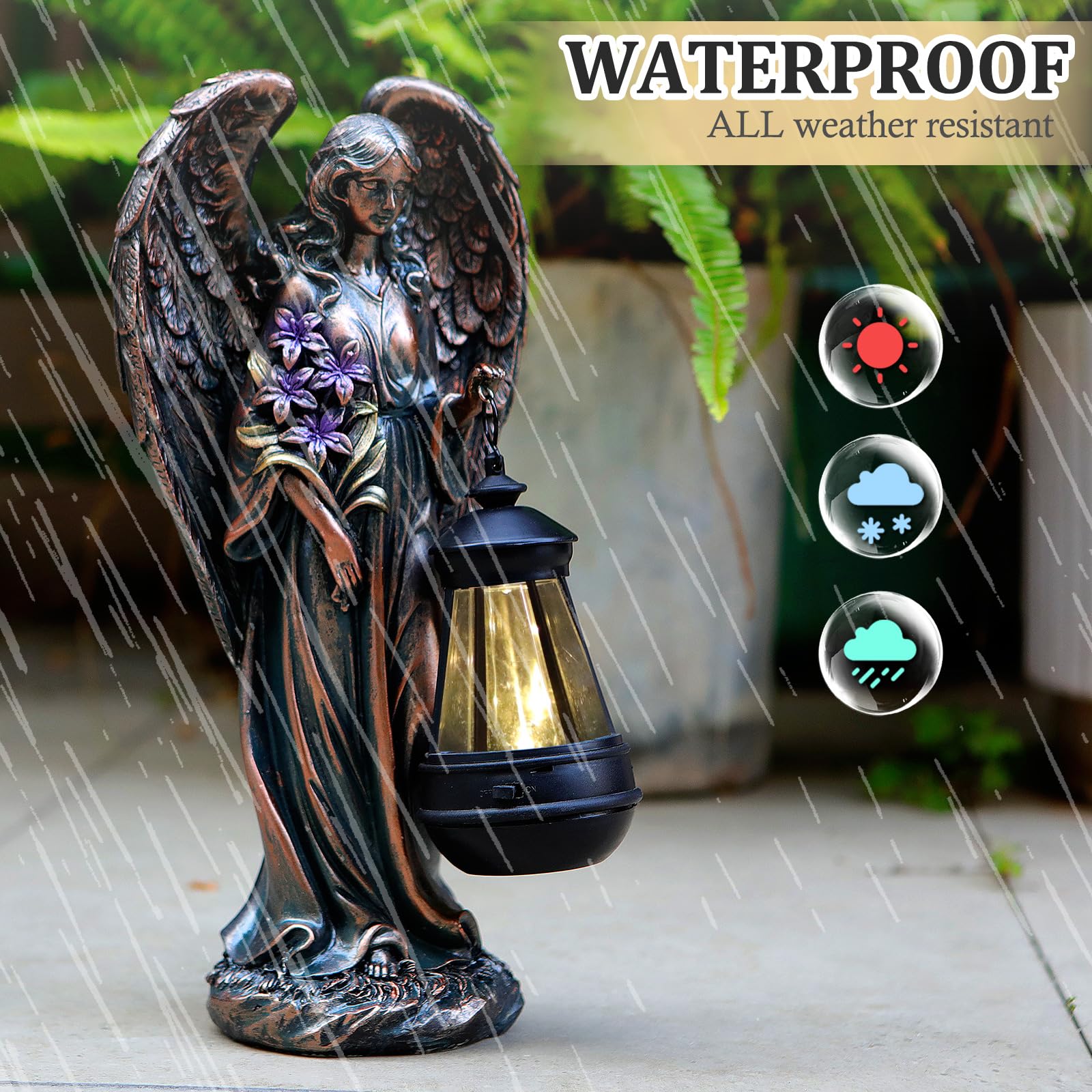 VChymm angel placed in a garden setting adding charm and soft evening light benefit