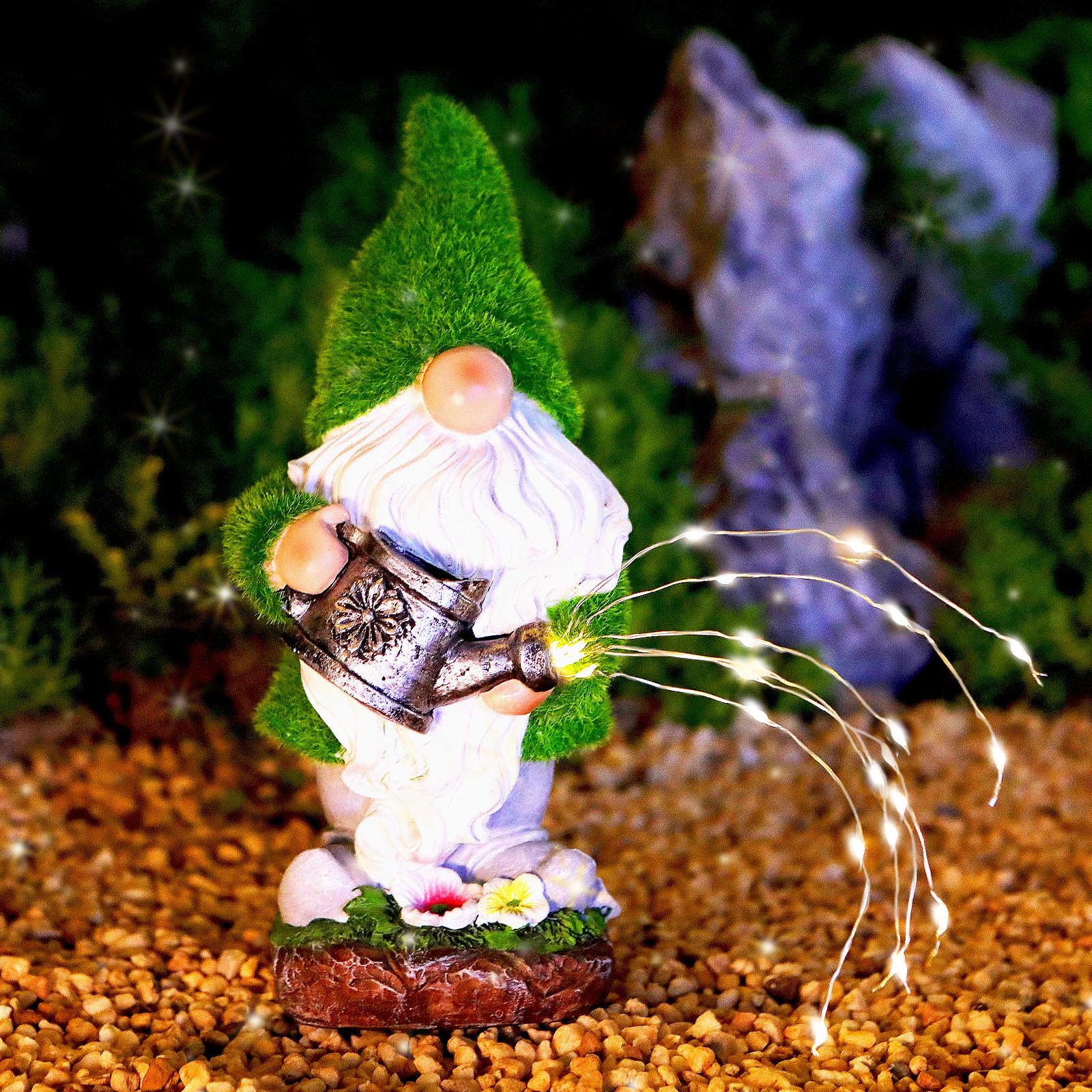 VChymm front view of flocked garden gnome showing LED watering effect and charm