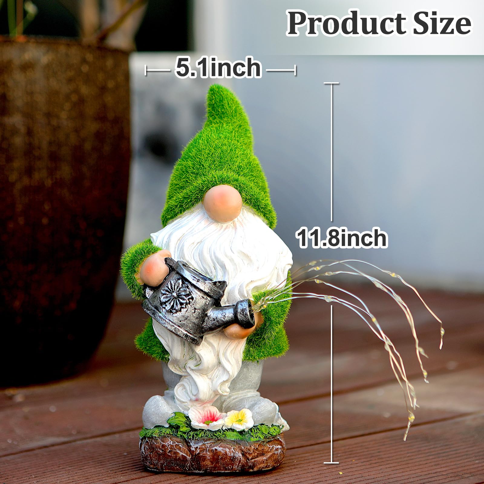 VChymm gnome close-up of watering can with six LED strands for playful illumination