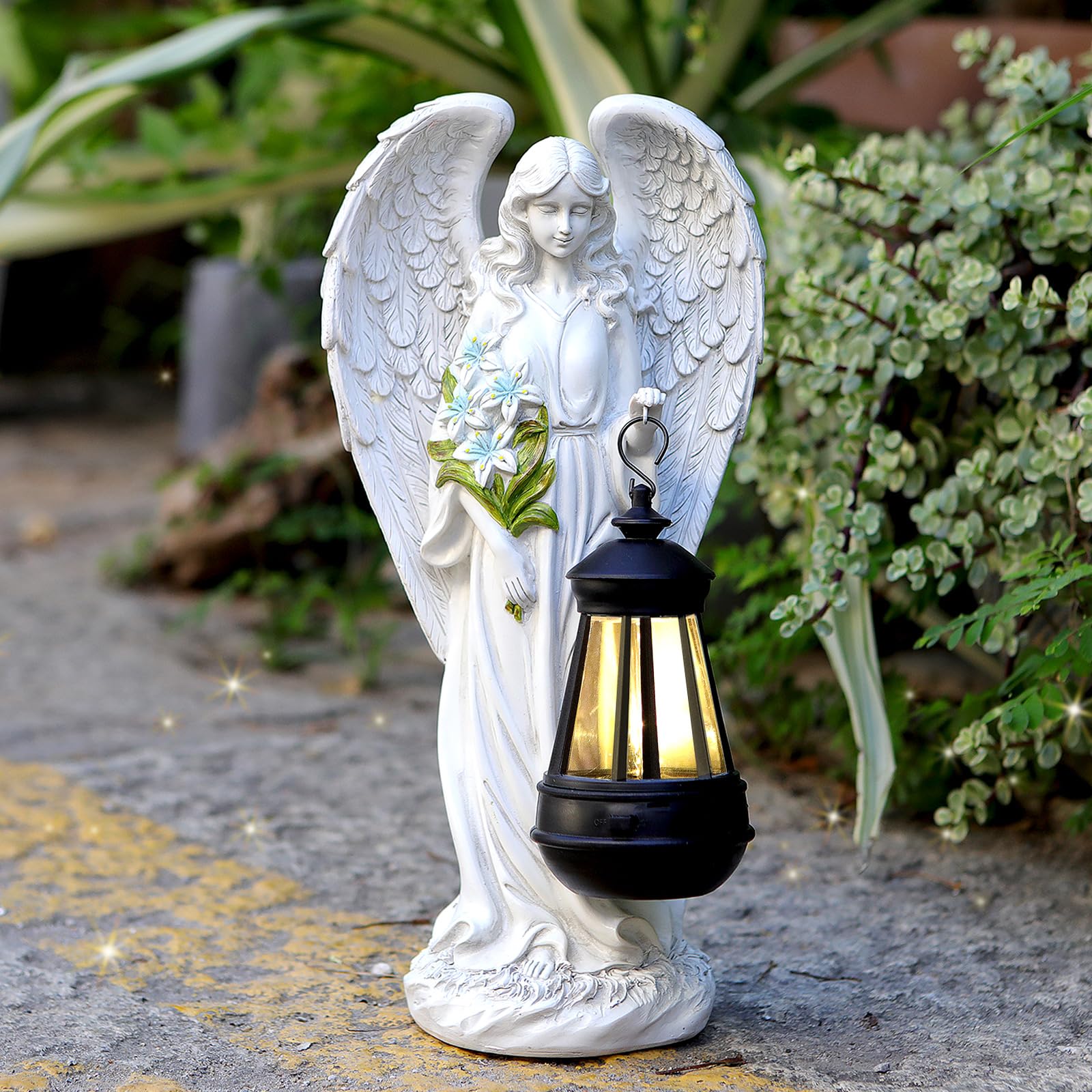 VChymm solar angel front view showing statue and soothing glow