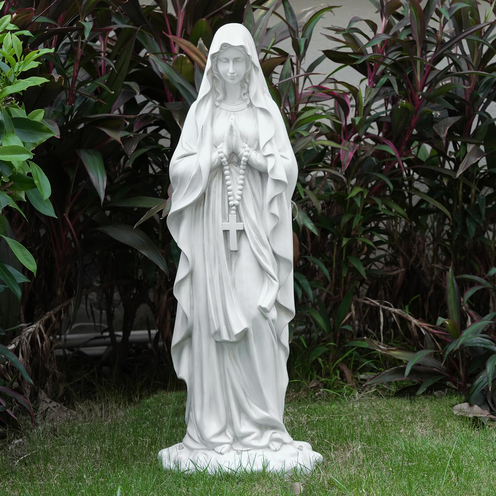 VChymm statue front view showing serene Mary and outdoor decor benefit