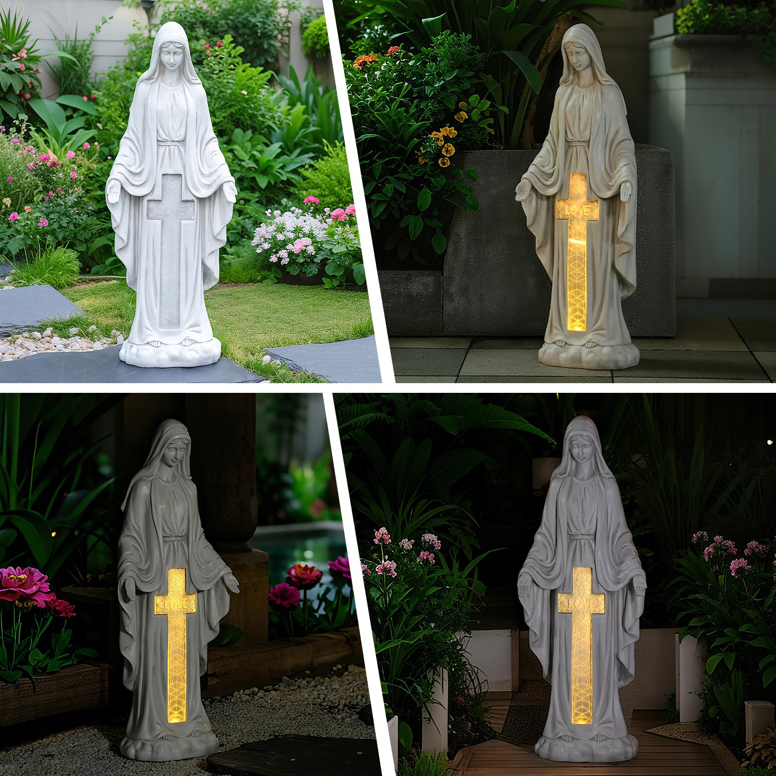 VChymm statue lit at night in garden demonstrating serene solar-powered ambiance