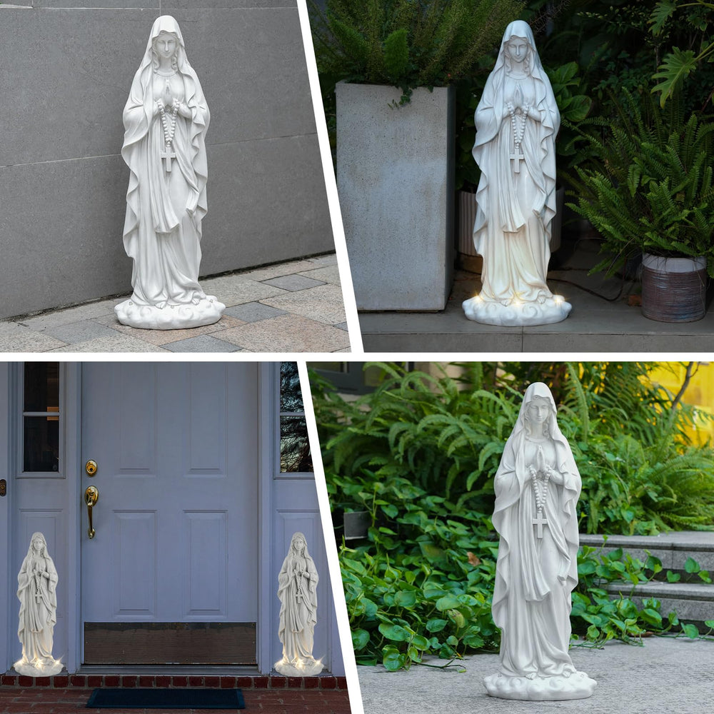 VChymm statue lit at night providing gentle illuminated garden ambiance