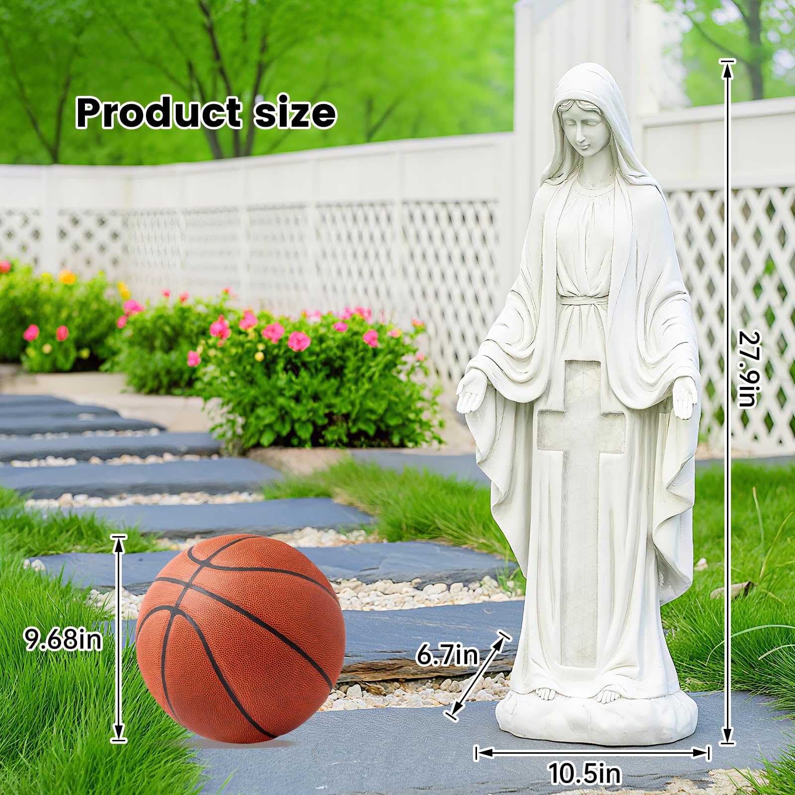 VChymm side profile of statue highlighting draped robe and stable base for outdoor use