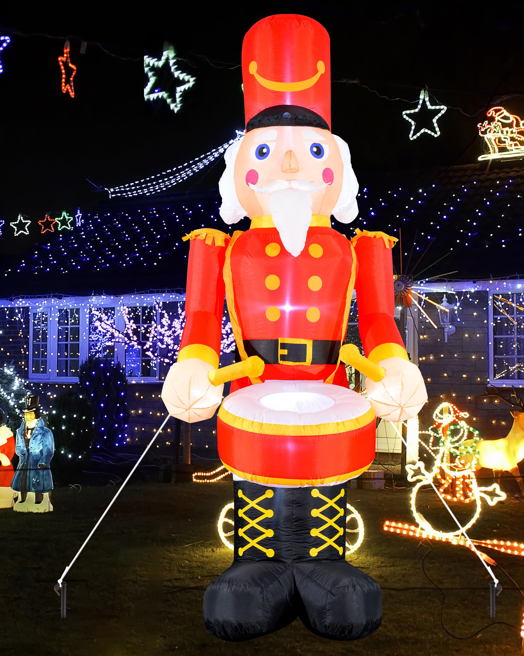 VCOKEN inflatable nutcracker lit at night enhancing holiday ambiance