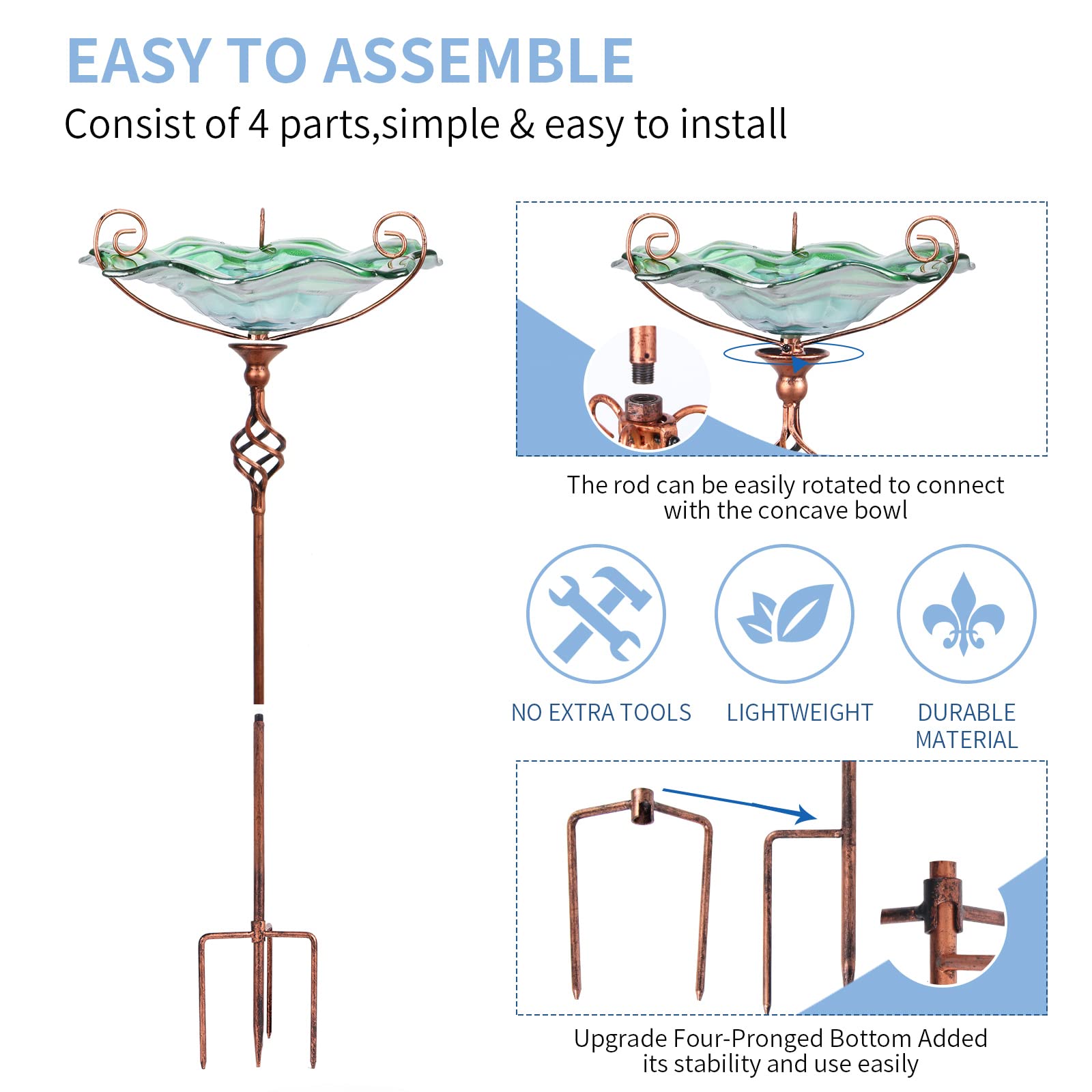 VCUTEKA disassembled bowl and stake parts laid out, illustrates easy assembly and cleaning