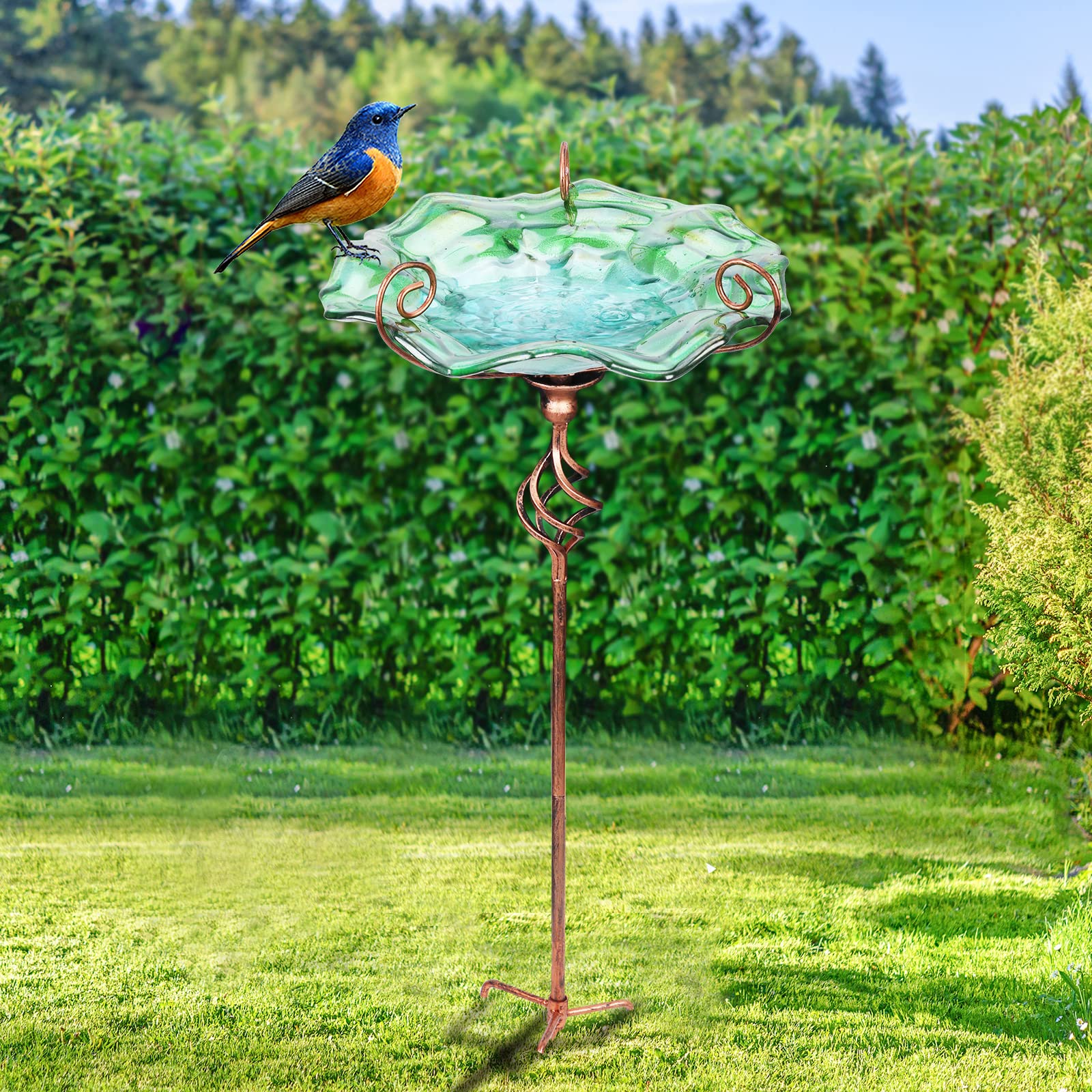 VCUTEKA birdbath next to hand for scale, conveys compact size and easy repositioning
