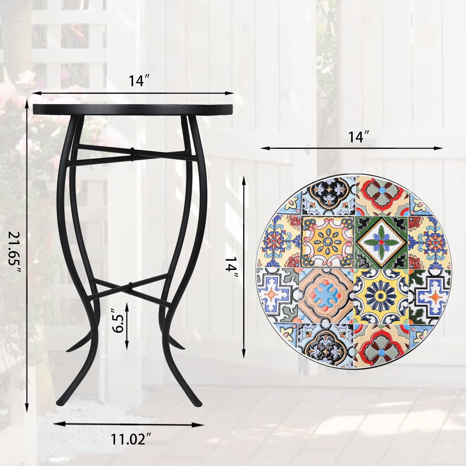 VCUTEKA close-up of ceramic mosaic top highlighting colorful tiles and easy-clean surface