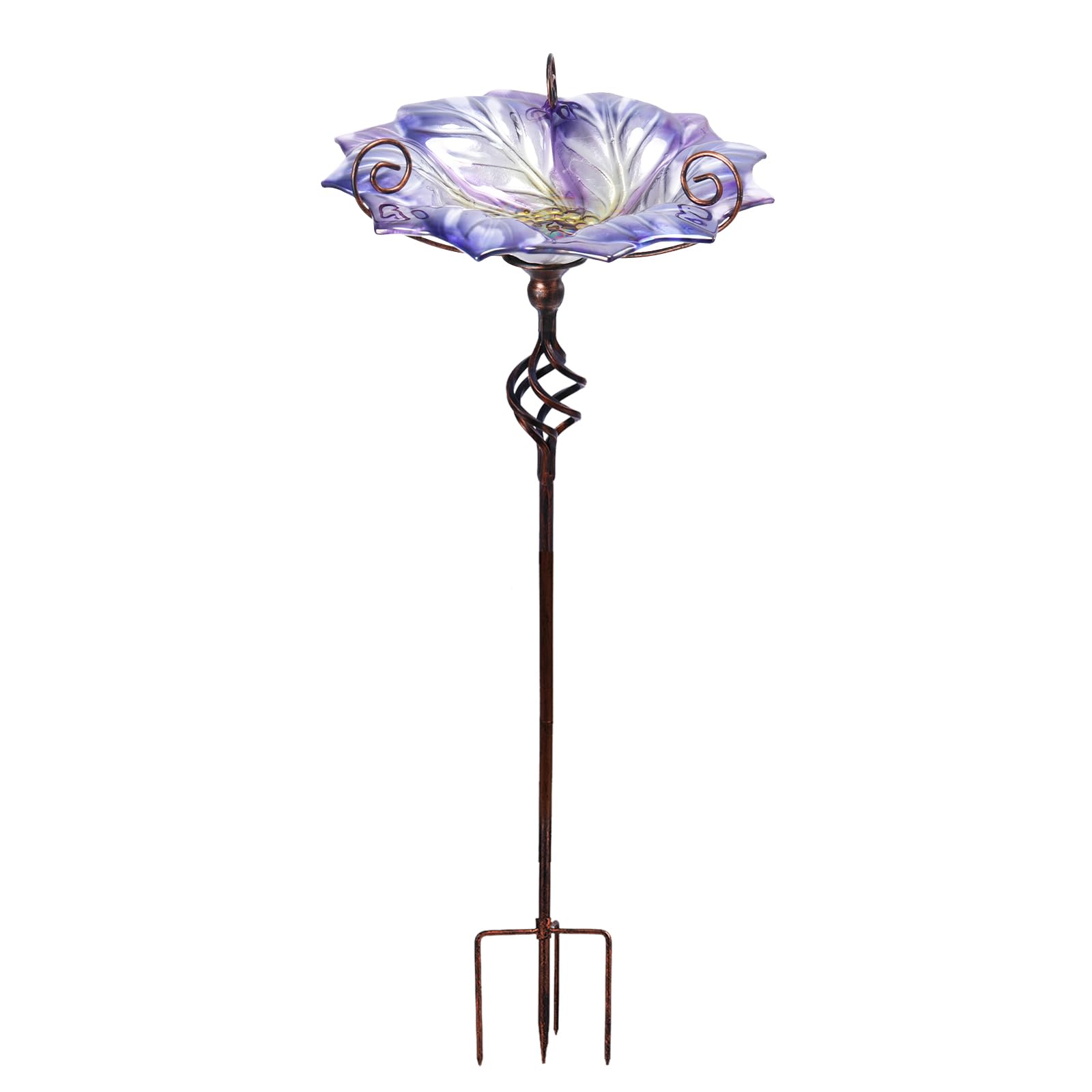 VCUTEKA front view of bird bath showing decorative peacock glass and stake, enhances garden style