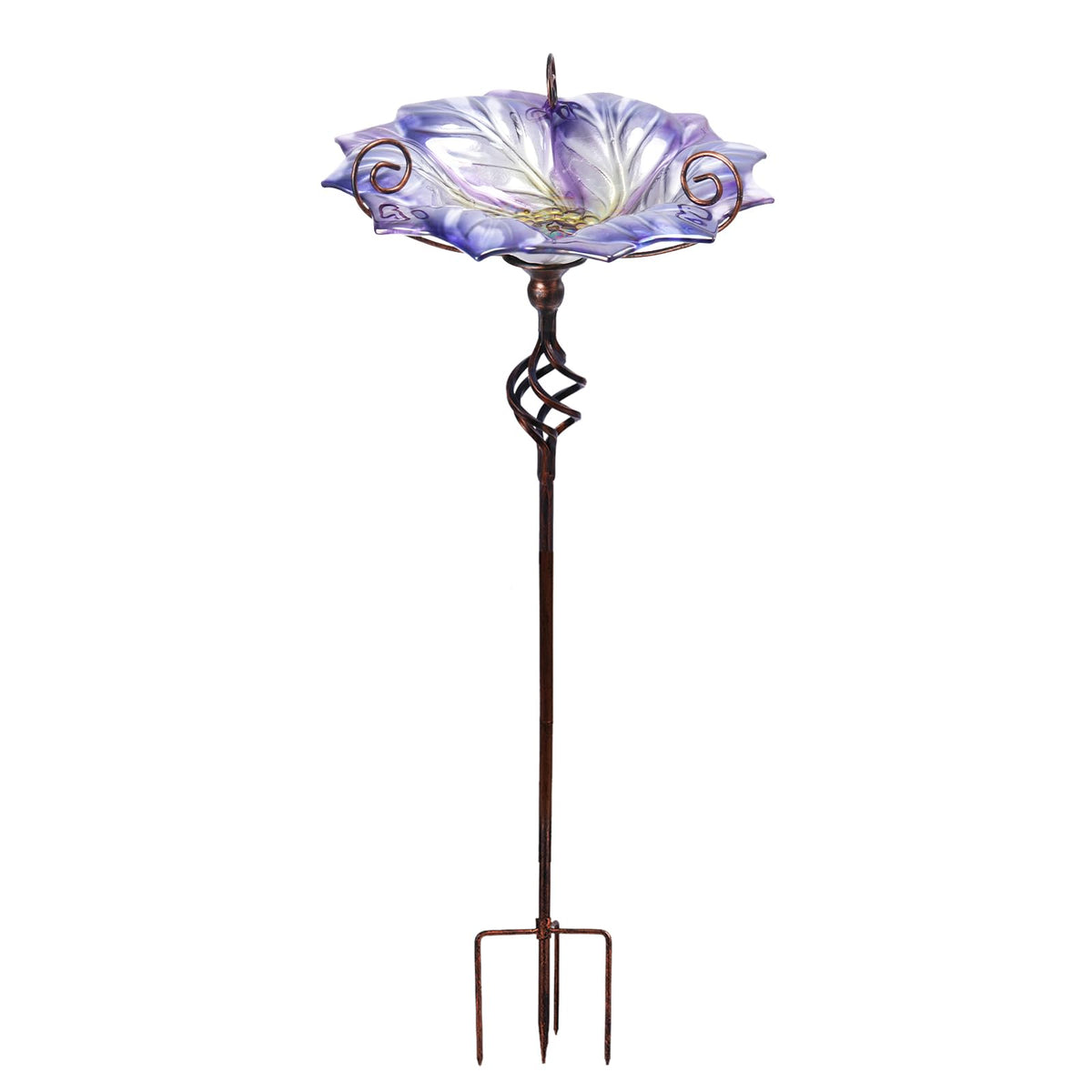 VCUTEKA front view of bird bath showing decorative peacock glass and stake, enhances garden style
