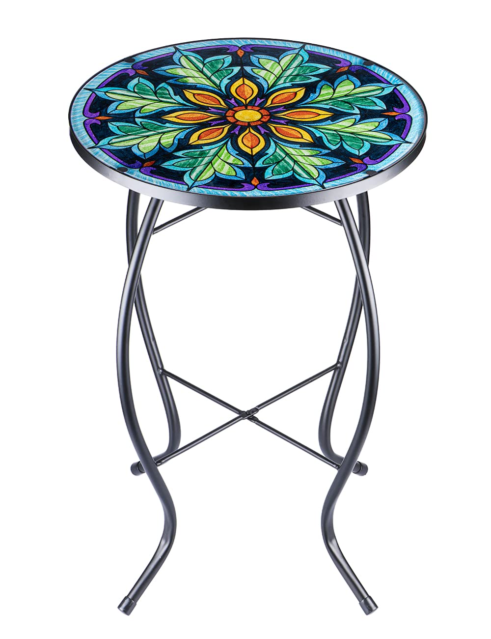 VCUTEKA front view showing full table and floral glass top, decorative and compact