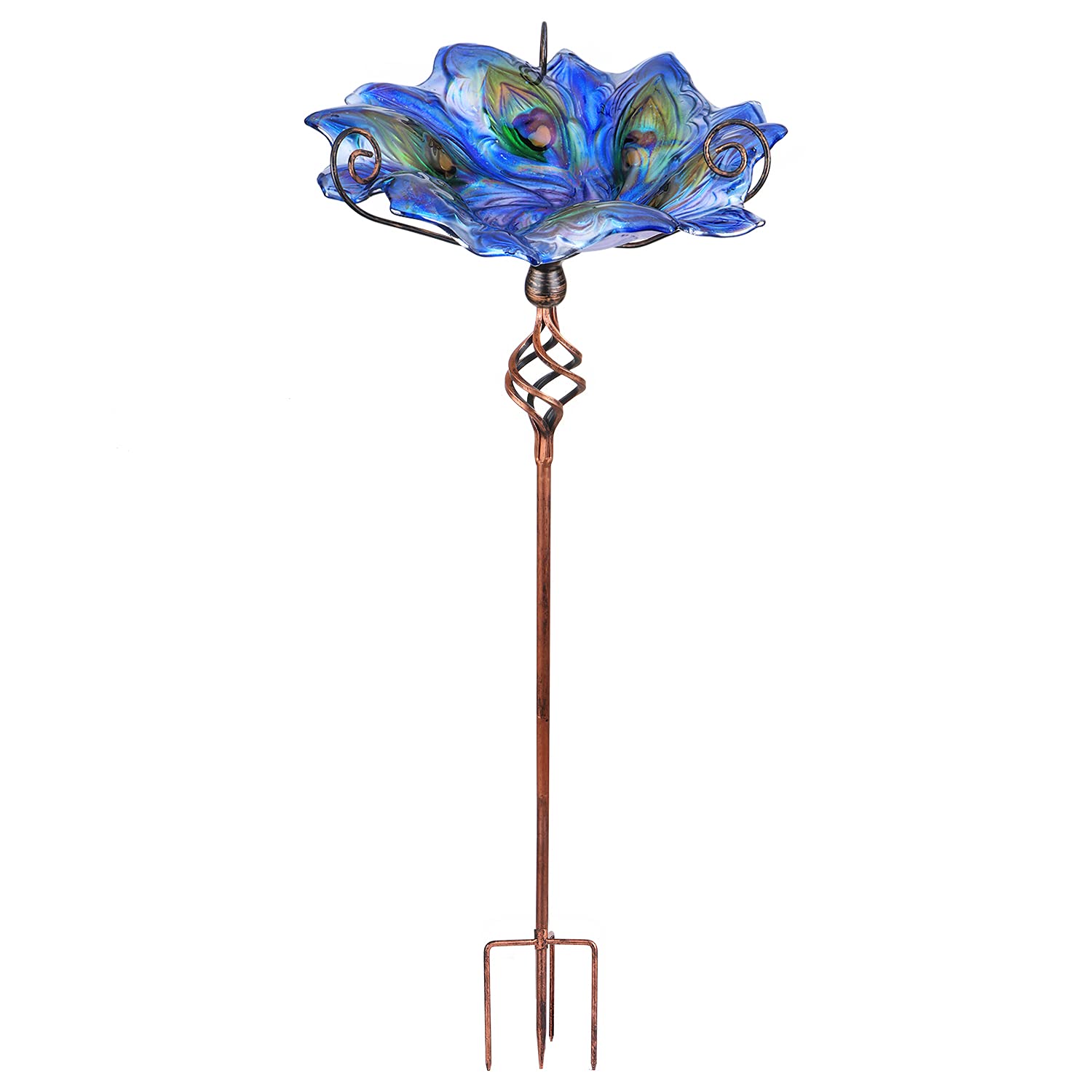VCUTEKA front view of colorful glass bird bath showing design and stake - bright garden accent
