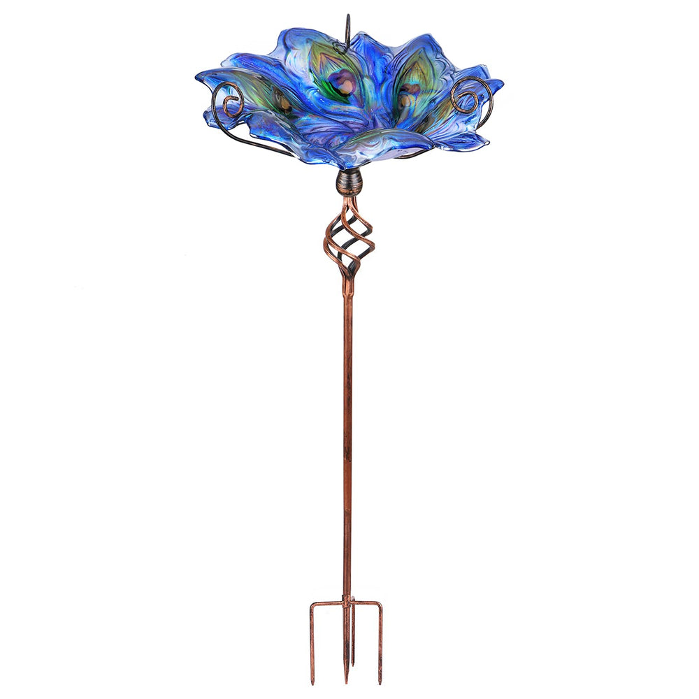 VCUTEKA front view of colorful glass bird bath showing design and stake - bright garden accent