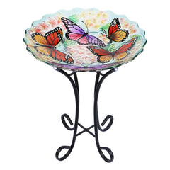 VCUTEKA front view showing full glass bird bath and metal stand, enhances garden beauty