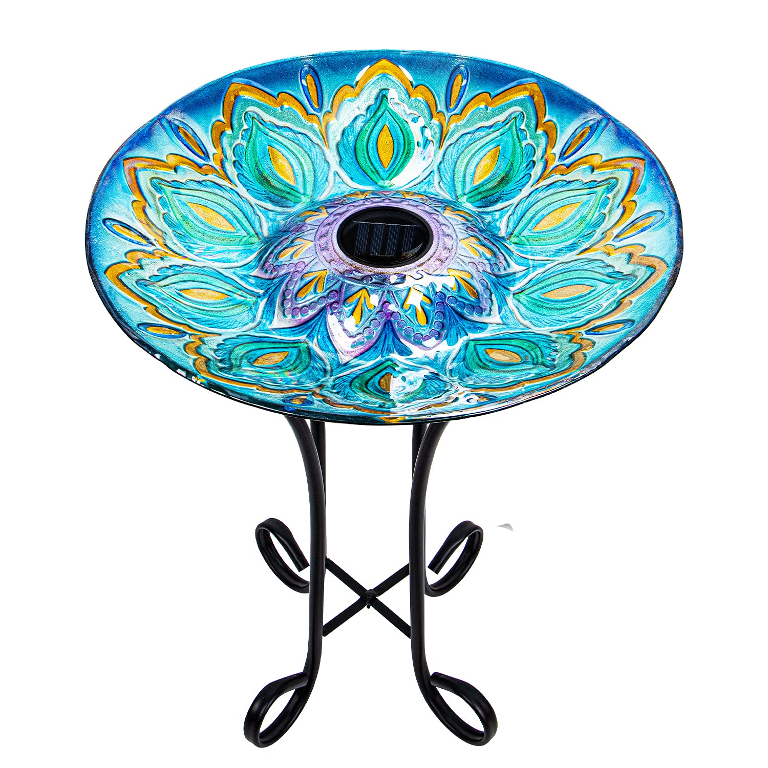 VCUTEKA front view of glass bird bath showing decorative design and stand benefit