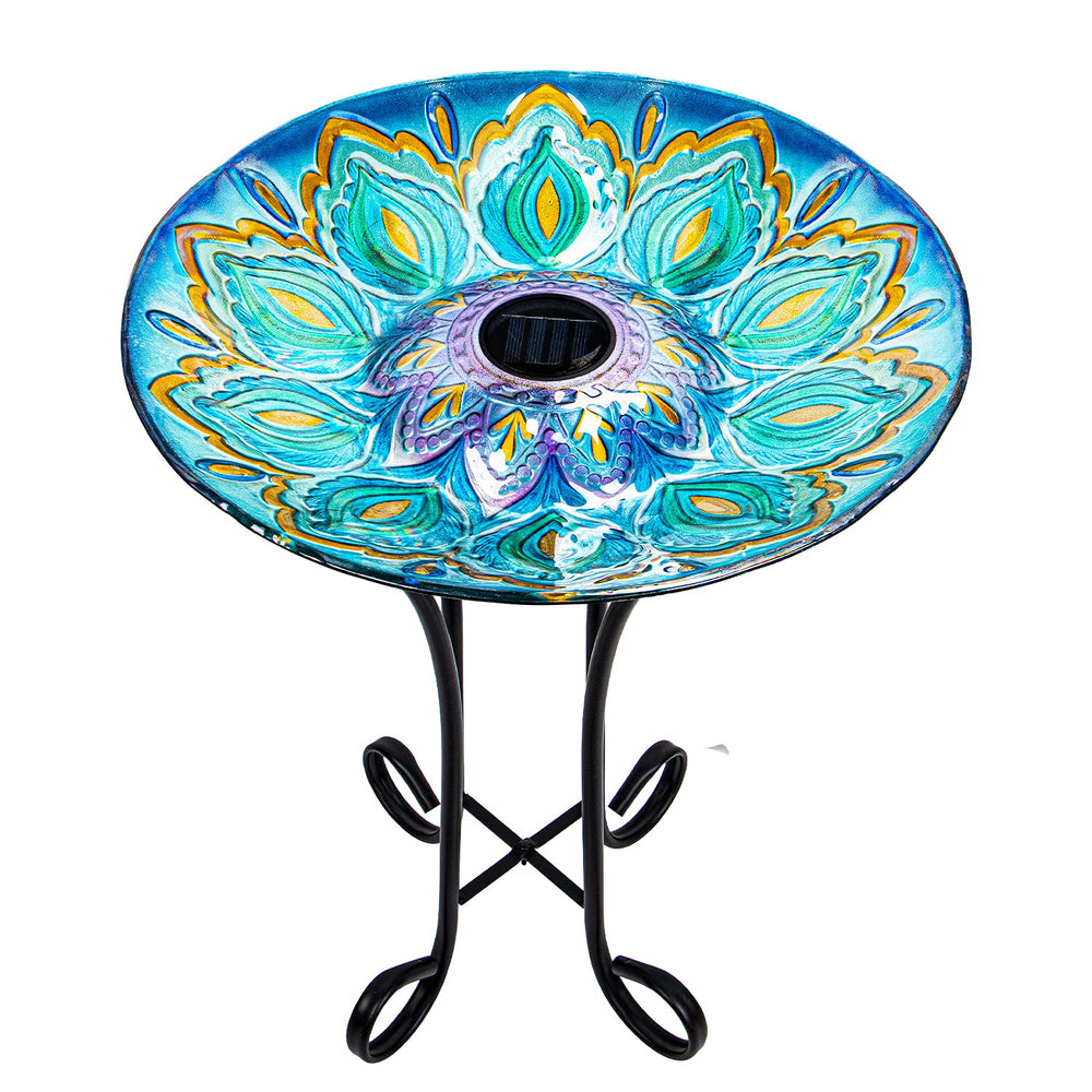 VCUTEKA front view of glass bird bath showing decorative design and stand benefit