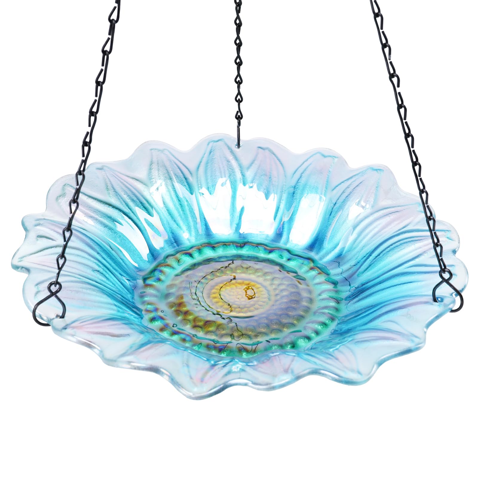 VCUTEKA front view hanging bird bath showing decorative daisy and ready-to-hang benefit