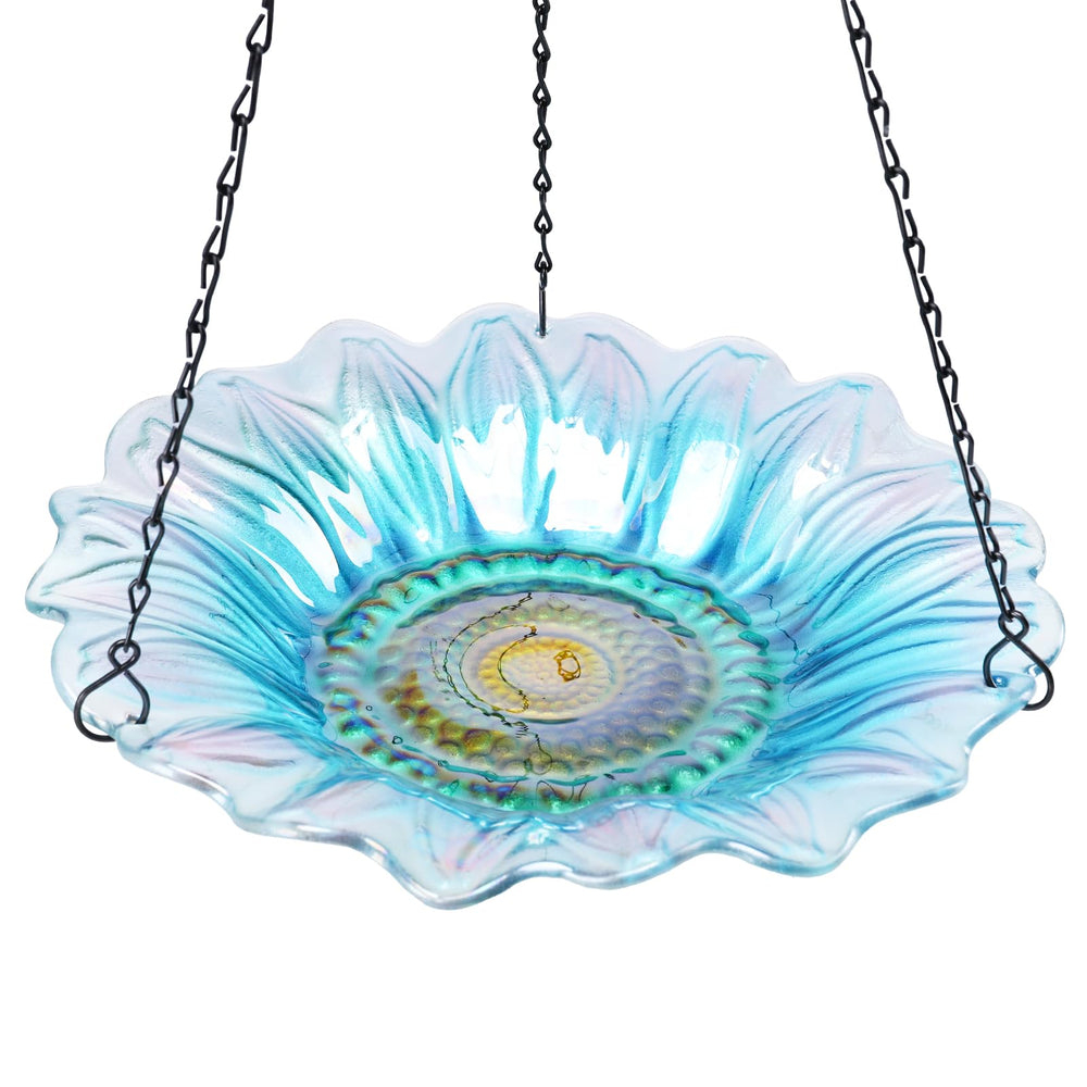 VCUTEKA front view hanging bird bath showing decorative daisy and ready-to-hang benefit