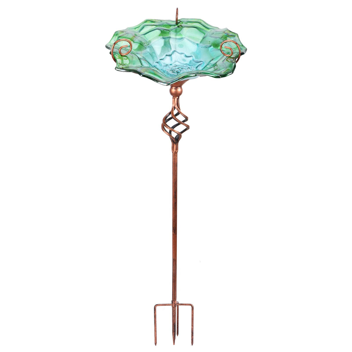 VCUTEKA front view of glass birdbath showing colorful flower bowl and stake, enhances garden decor