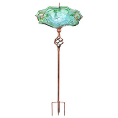 VCUTEKA front view of glass birdbath showing colorful flower bowl and stake, enhances garden decor