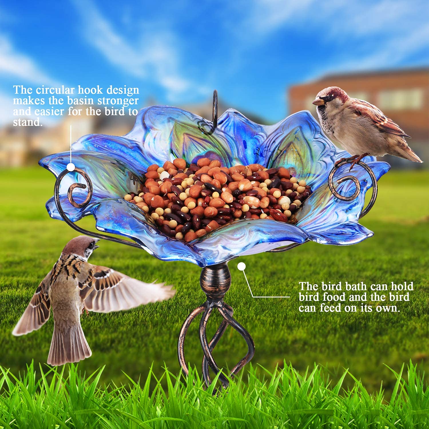 VCUTEKA bird bath placed in lawn and flowerbed to show decorative garden integration
