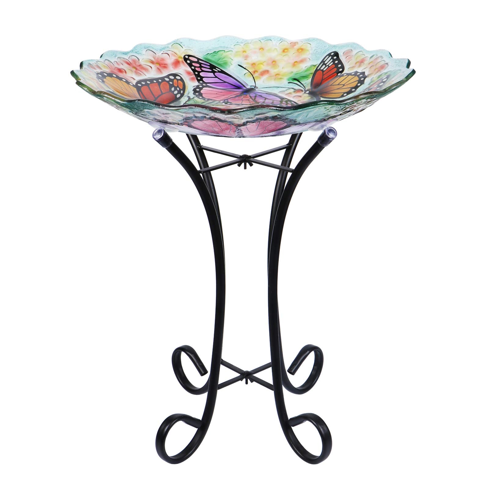 VCUTEKA on patio among plants, decorative feeder and bath that brightens outdoor space