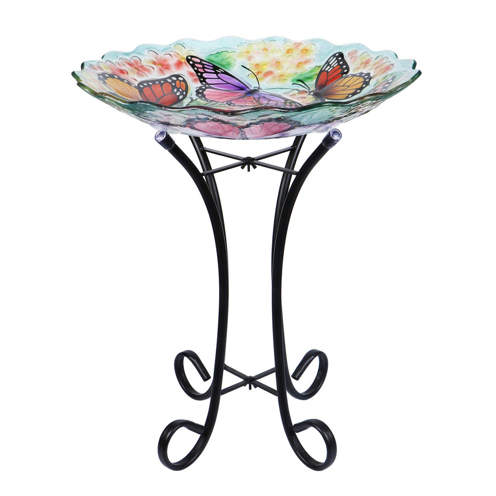 VCUTEKA on patio among plants, decorative feeder and bath that brightens outdoor space