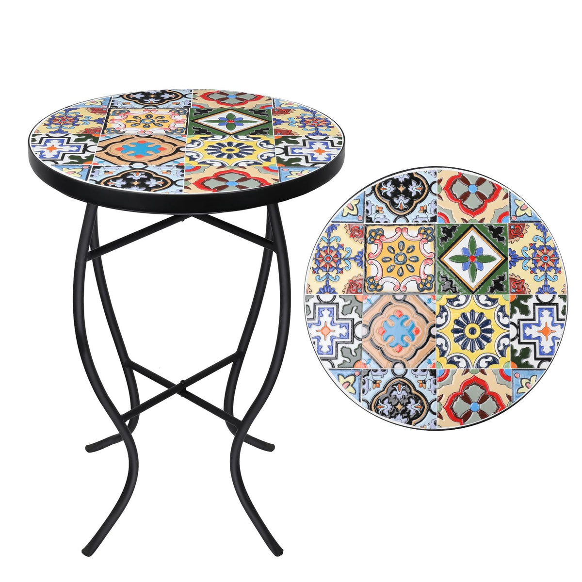 VCUTEKA front view of mosaic side table showing elegant tile top and legs for style
