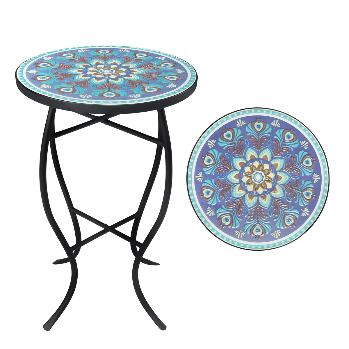 VCUTEKA mosaic table front view showing decorative top and compact benefit