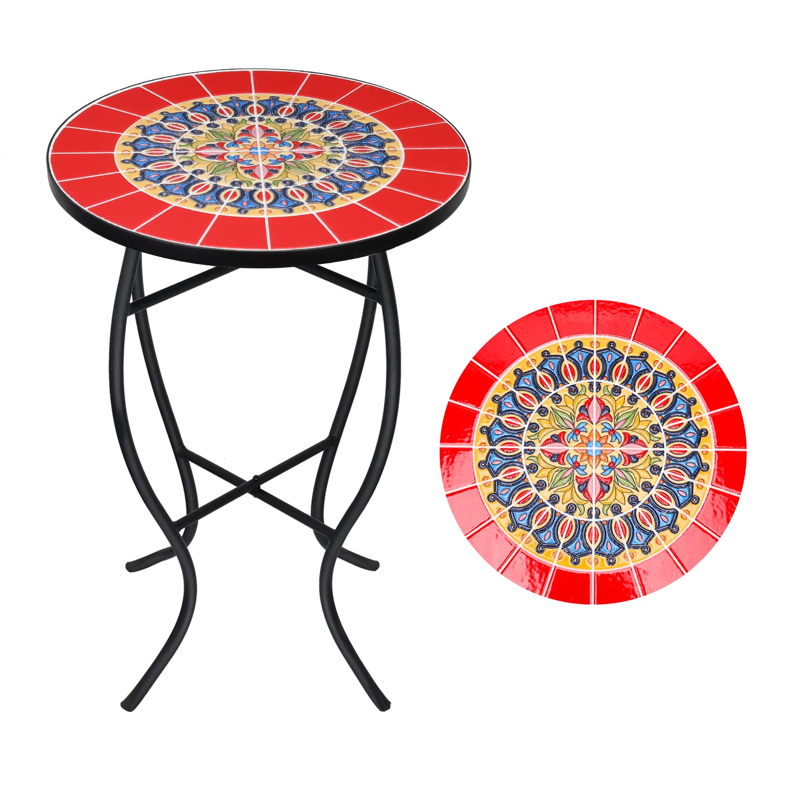 VCUTEKA mosaic table front view showing colorful tiles and sturdy legs, enhances outdoor style