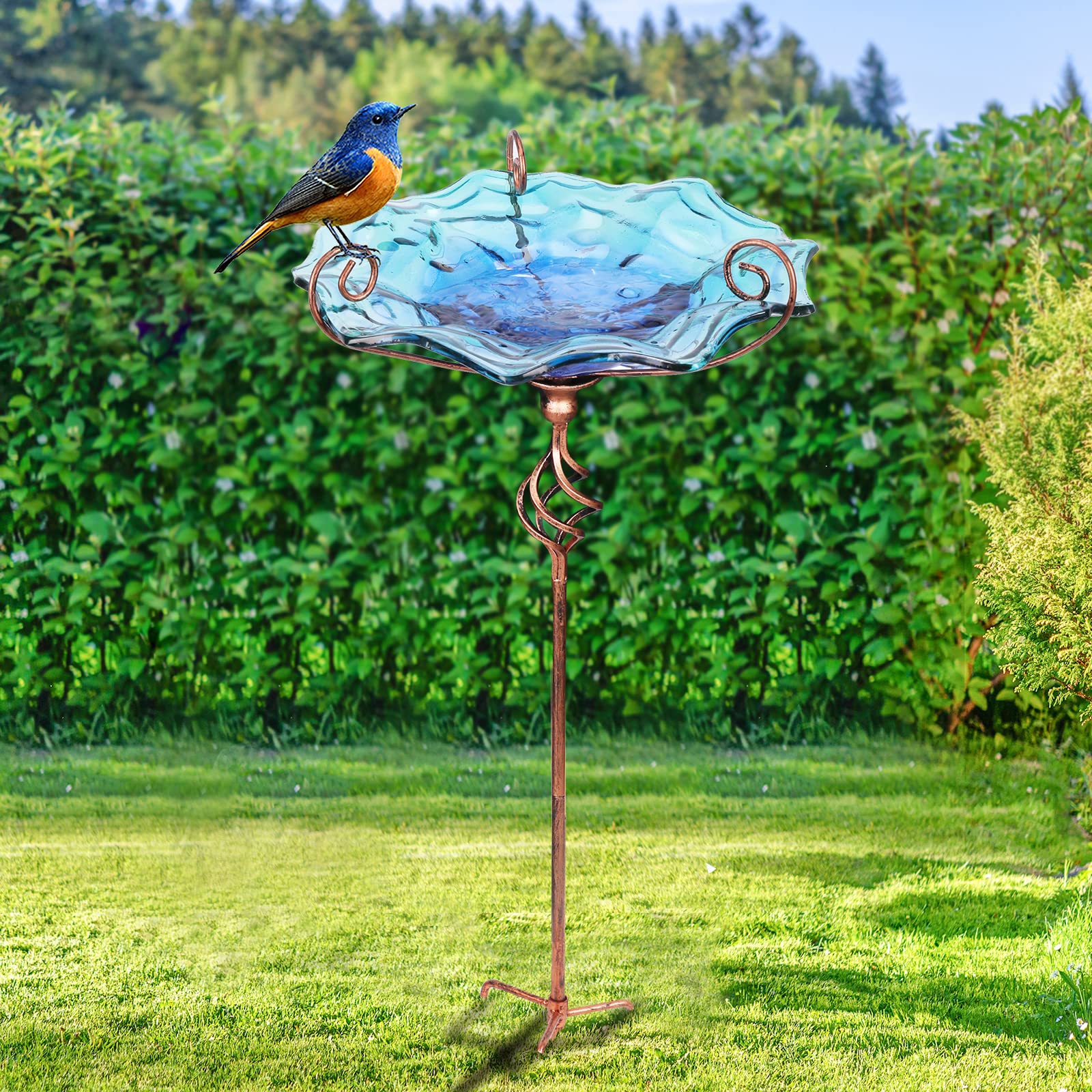 VCUTEKA packaged bird bath with parts illustrating easy assembly and setup