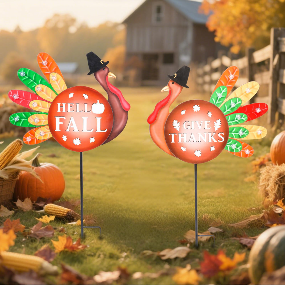VCUTEKA pair of turkey stakes by front door adding festive autumn welcome