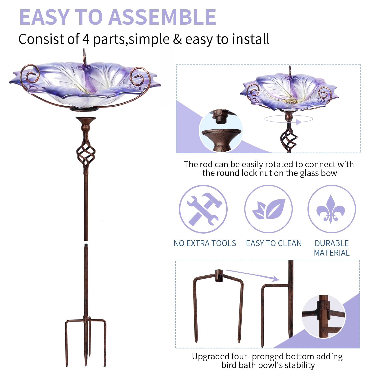 VCUTEKA metal stake prongs detail showing stability for lawn and garden use