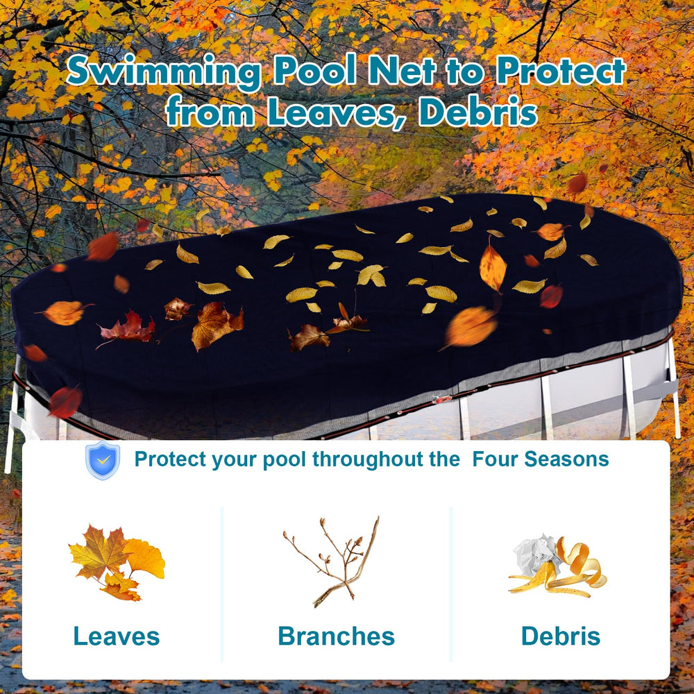 Vecacosic net installed on oval above-ground pool, reduces maintenance time