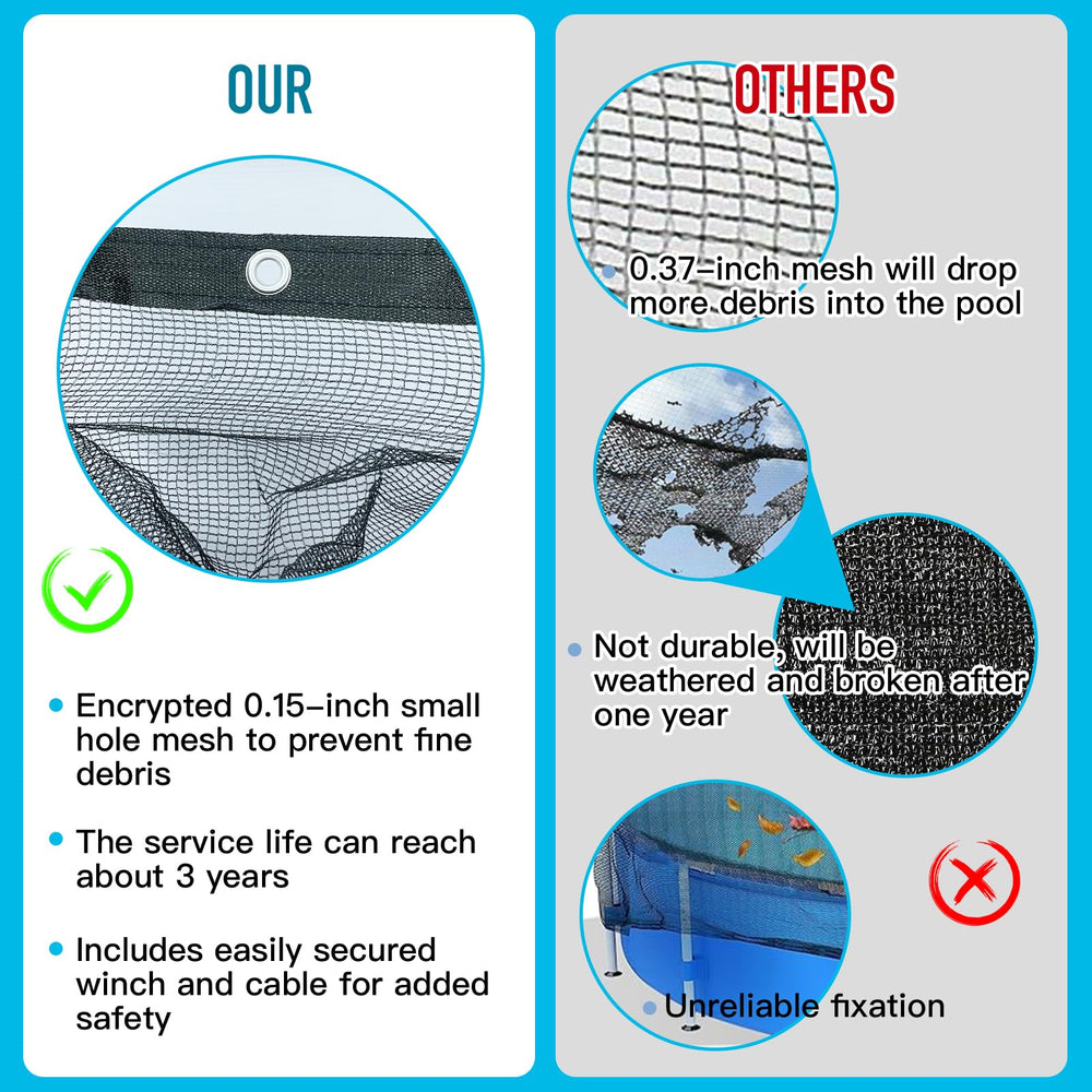 Vecacosic leaf net installed on above ground pool reducing cleanup time