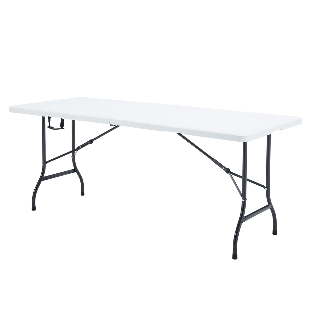 VECELO 6 ft white table front view showing stable setup and easy transport
