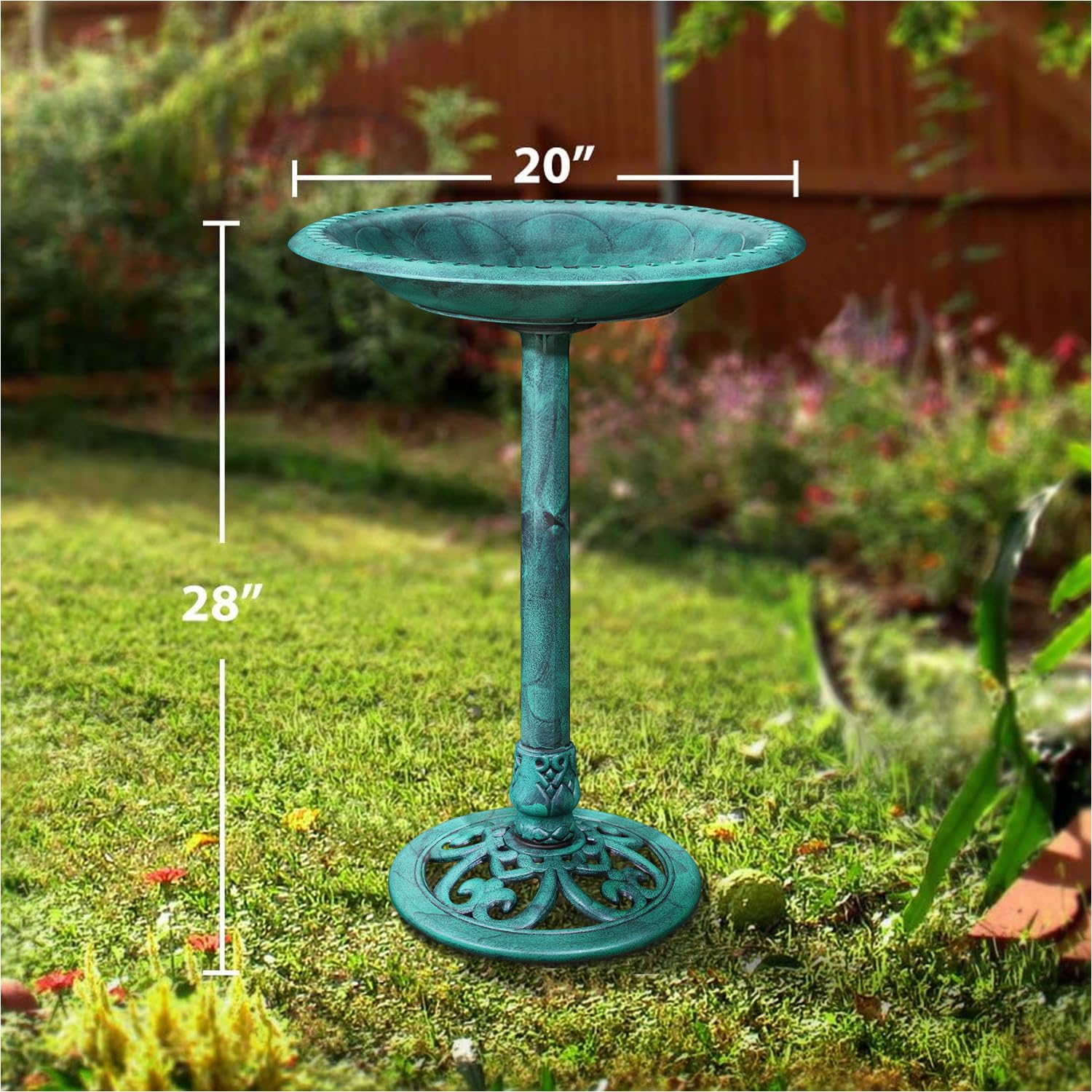 VECELO bird bath in garden with birds visiting demonstrating wildlife attraction benefit
