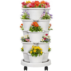 VECELO front view of assembled 5-tier planter showing stacked pots and gray finish, space-saving