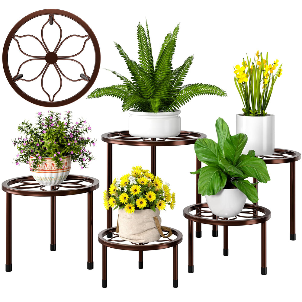 VECELO front view of five brown metal plant stands showing variety and style