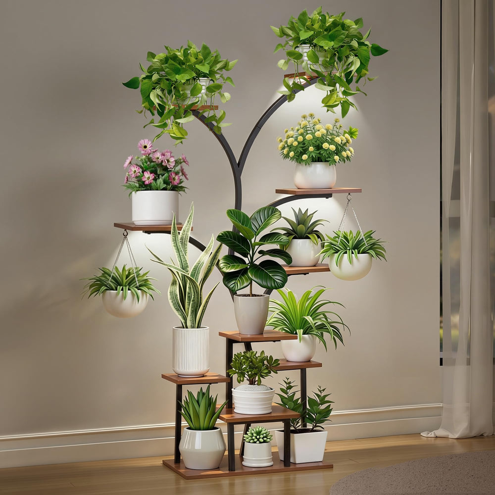 VECELO front view of plant stand fully stocked showcasing organized vertical display and brightness