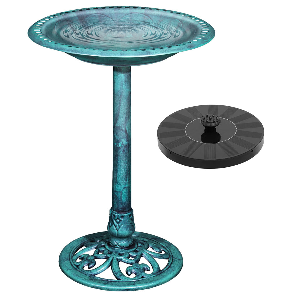 VECELO front view of pedestal bird bath showing vintage bronze look and garden appeal